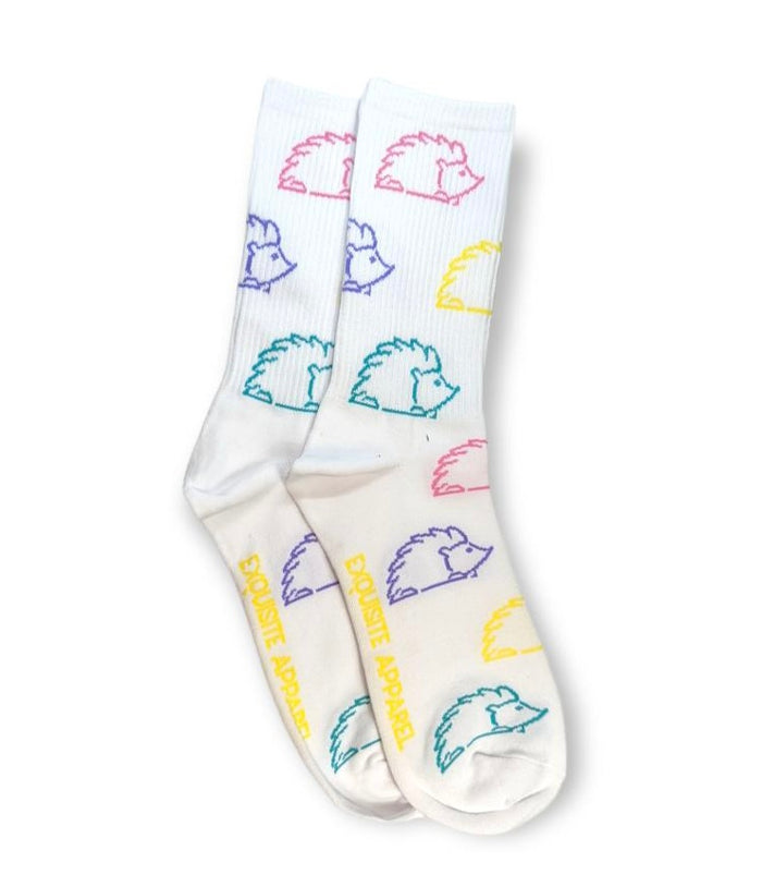 Exquisite Apparel multi color hedgehog print socks (WHITE w/ purple, yellow, blue, green mix)