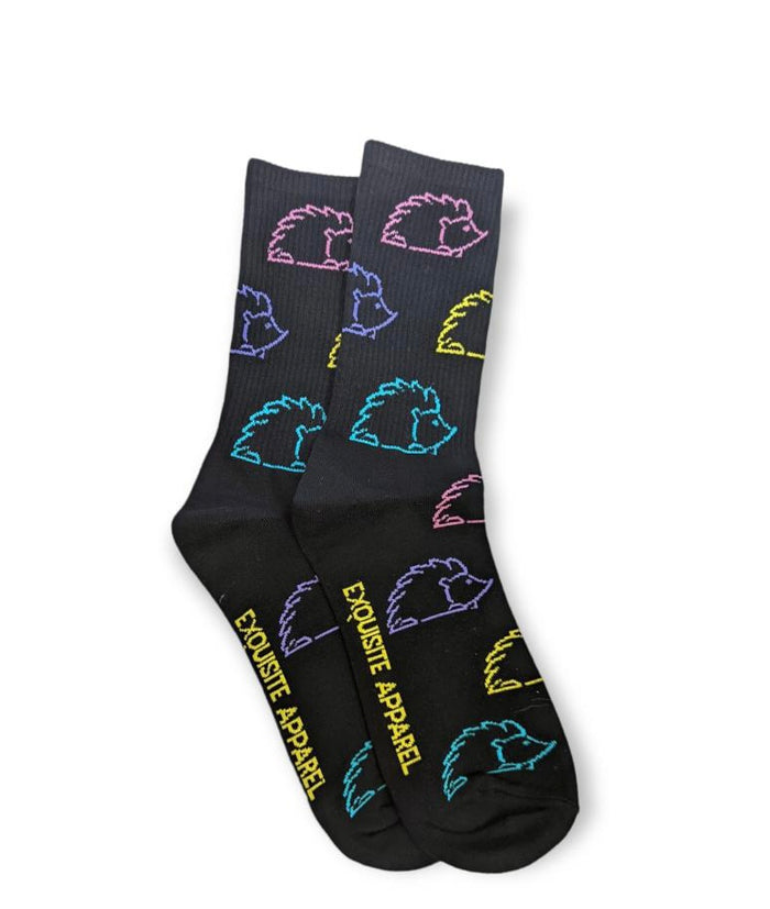 Exquisite Apparel multi color hedgehog print socks (Black w/ purple, yellow blue mix)